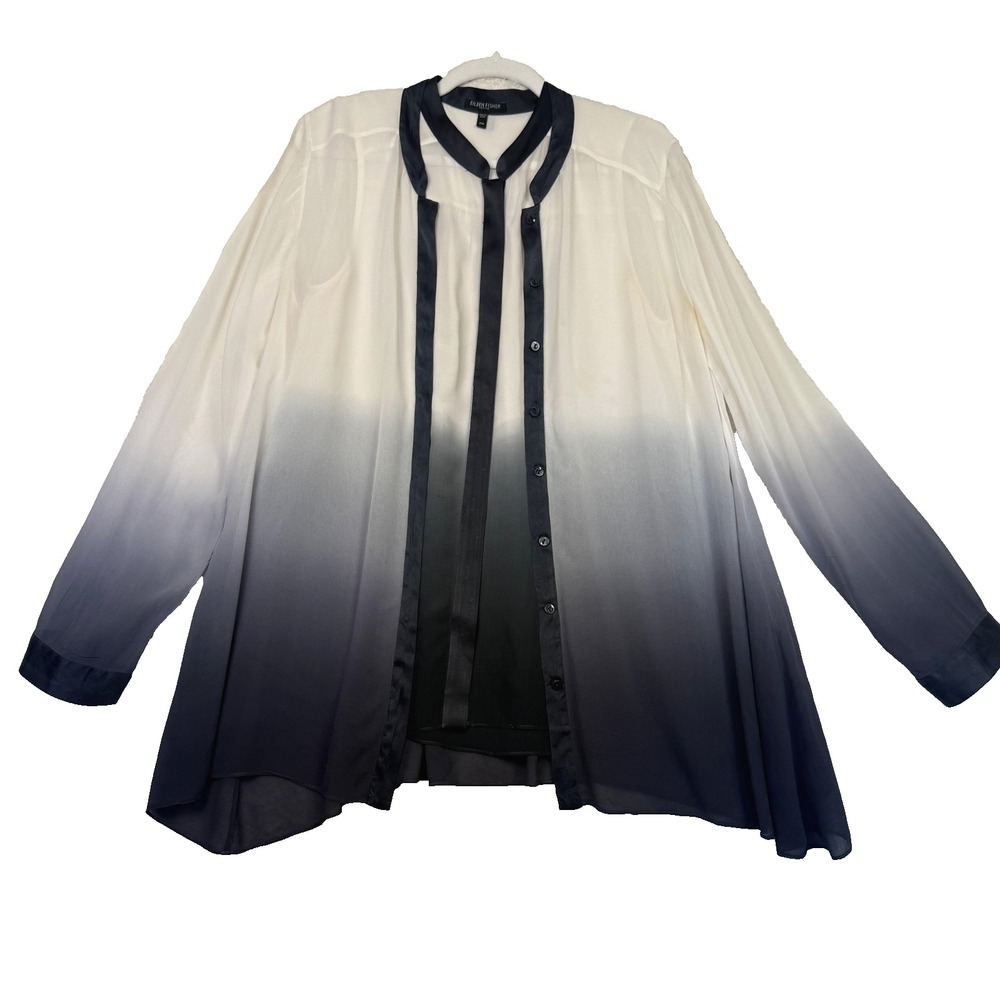 Eileen Fisher Blouse Tank Set Women PM White Black Silk Mandrian Collar Sheer